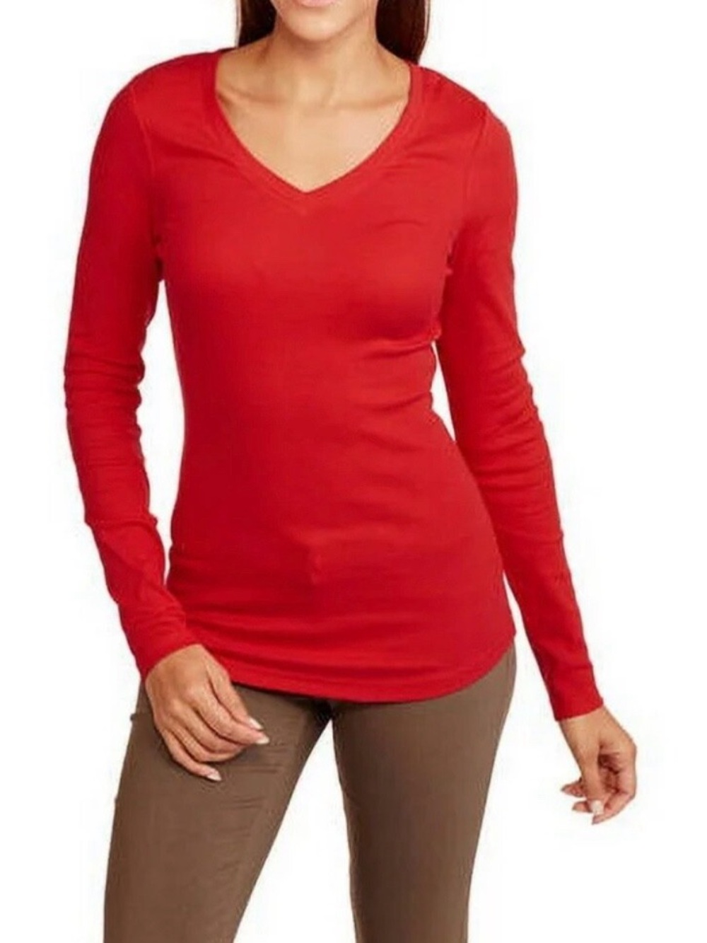 No Boundaries Red V-Neck Long Sleeve Ribbed Top